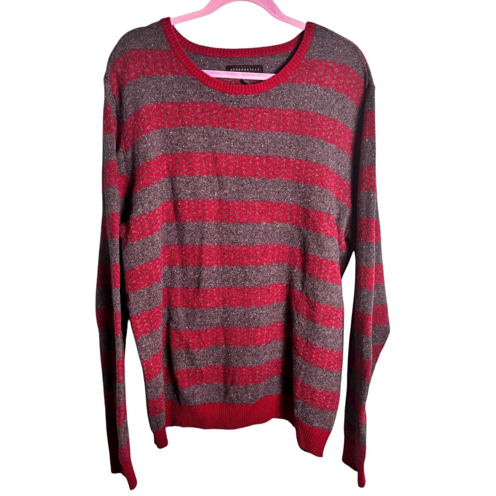 Aeropostale Striped Crewneck Sweater XL Red & Gray Stripe Knit Sweater‎